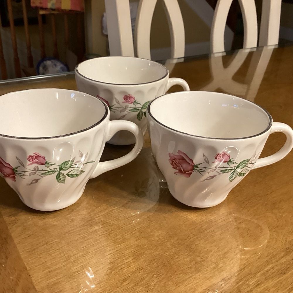 Set of 3 White China with Rose Print Tea/Coffee Cups